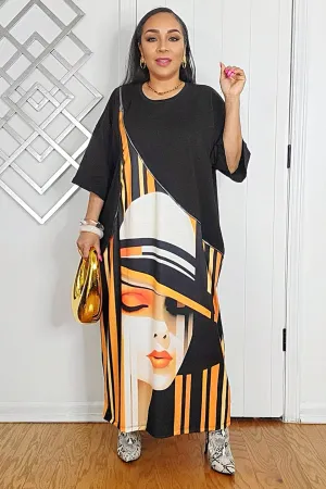042525 Lady with The Fedora Design Jersey Short Sleeve Dress- Black