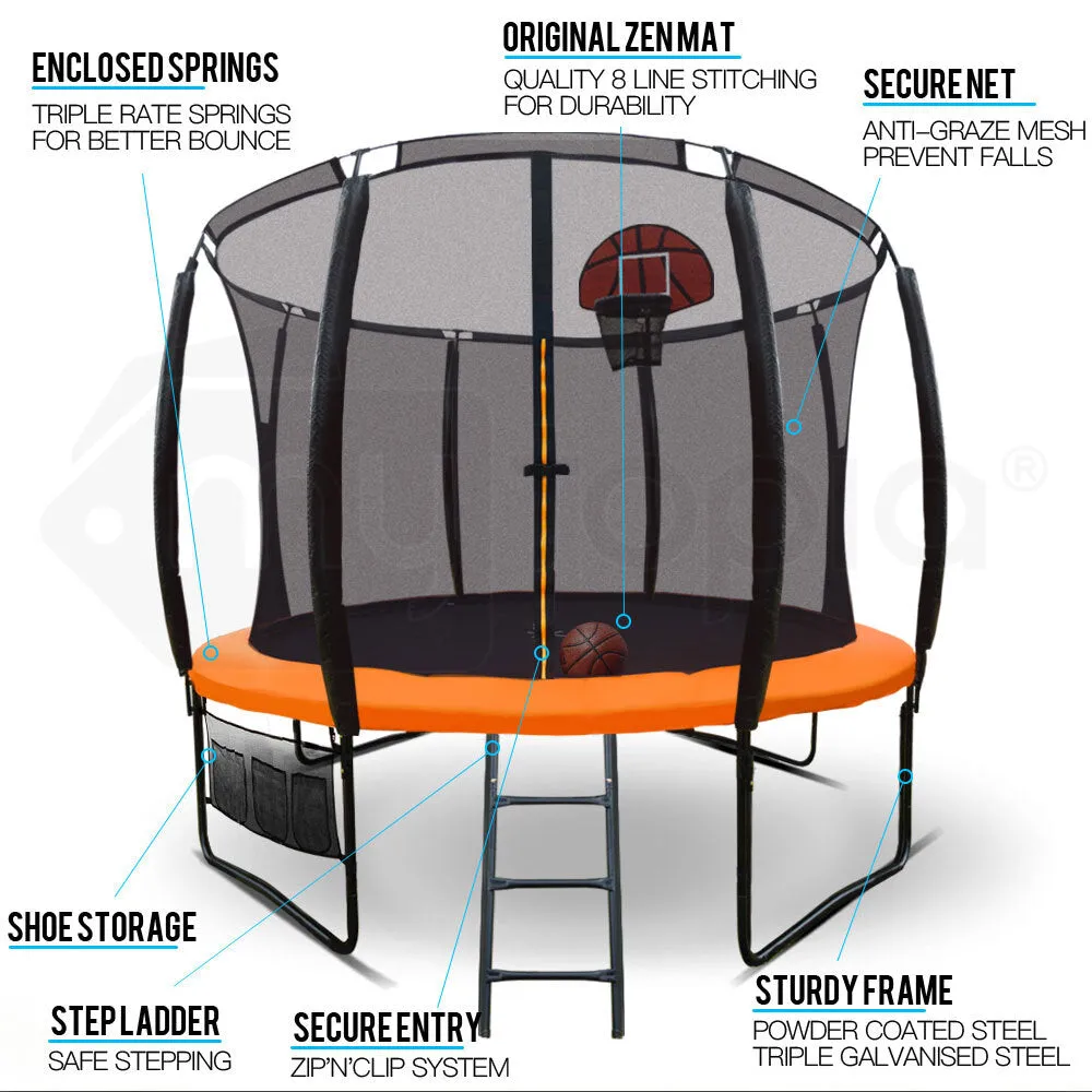 10ft Round Kids Trampoline with Curved Pole Design, Basketball Set and Sprinkler Accessory | Black and Orange | UP-SHOT