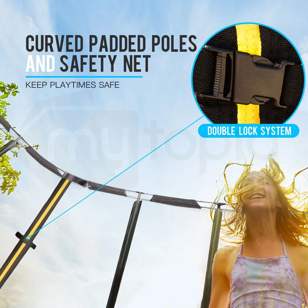 10ft Round Kids Trampoline with Curved Pole Design, Basketball Set and Sprinkler Accessory | Black and Orange | UP-SHOT