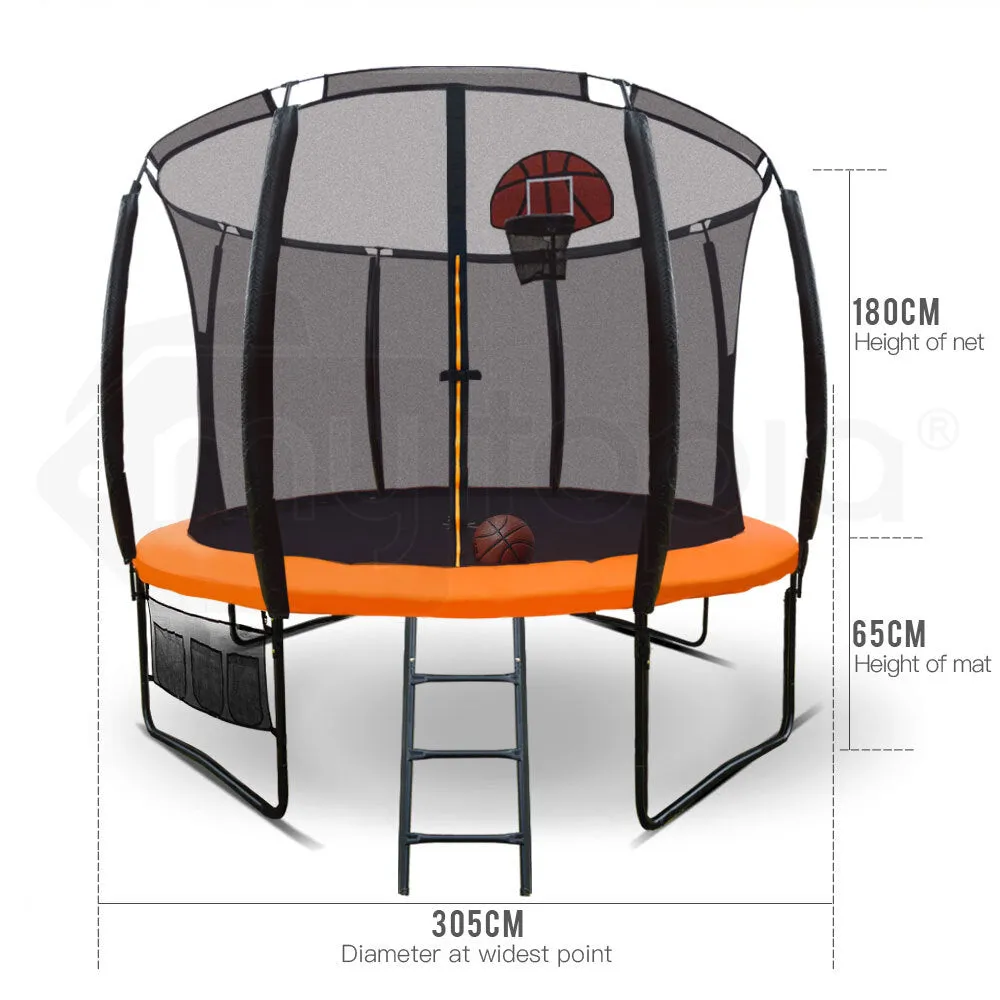 10ft Round Kids Trampoline with Curved Pole Design, Basketball Set and Sprinkler Accessory | Black and Orange | UP-SHOT