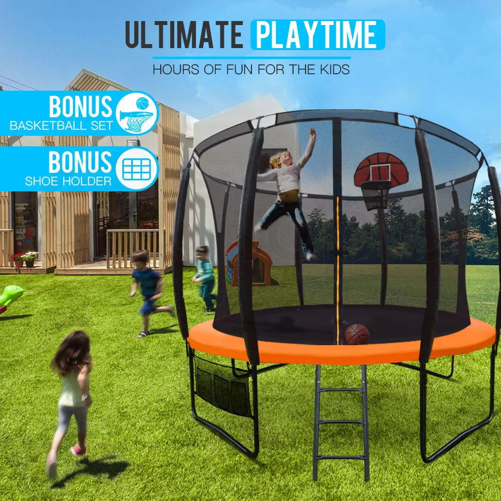 10ft Round Kids Trampoline with Curved Pole Design, Basketball Set and Sprinkler Accessory | Black and Orange | UP-SHOT