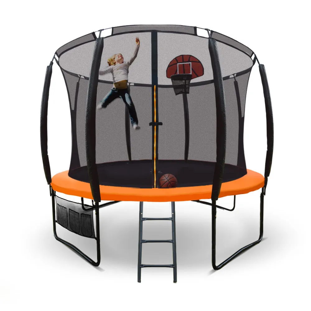 10ft Round Kids Trampoline with Curved Pole Design, Basketball Set and Sprinkler Accessory | Black and Orange | UP-SHOT