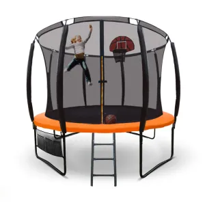 10ft Round Kids Trampoline with Curved Pole Design, Basketball Set and Sprinkler Accessory | Black and Orange | UP-SHOT