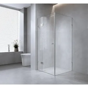110x70cm Corner Frameless Shower Screen | Black Brackets | Brass Hinges | Square Knob Handle | Contemporary Design