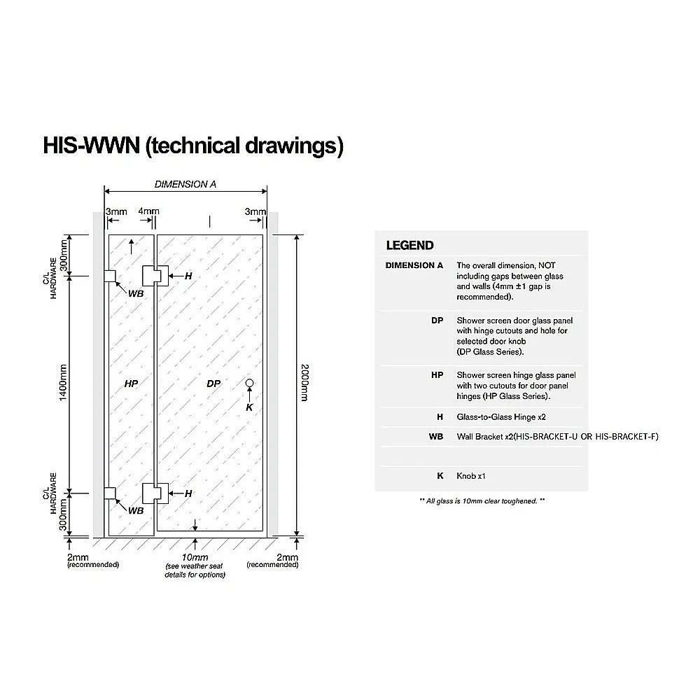 110x70cm Corner Frameless Shower Screen | Black Brackets | Brass Hinges | Square Knob Handle | Contemporary Design