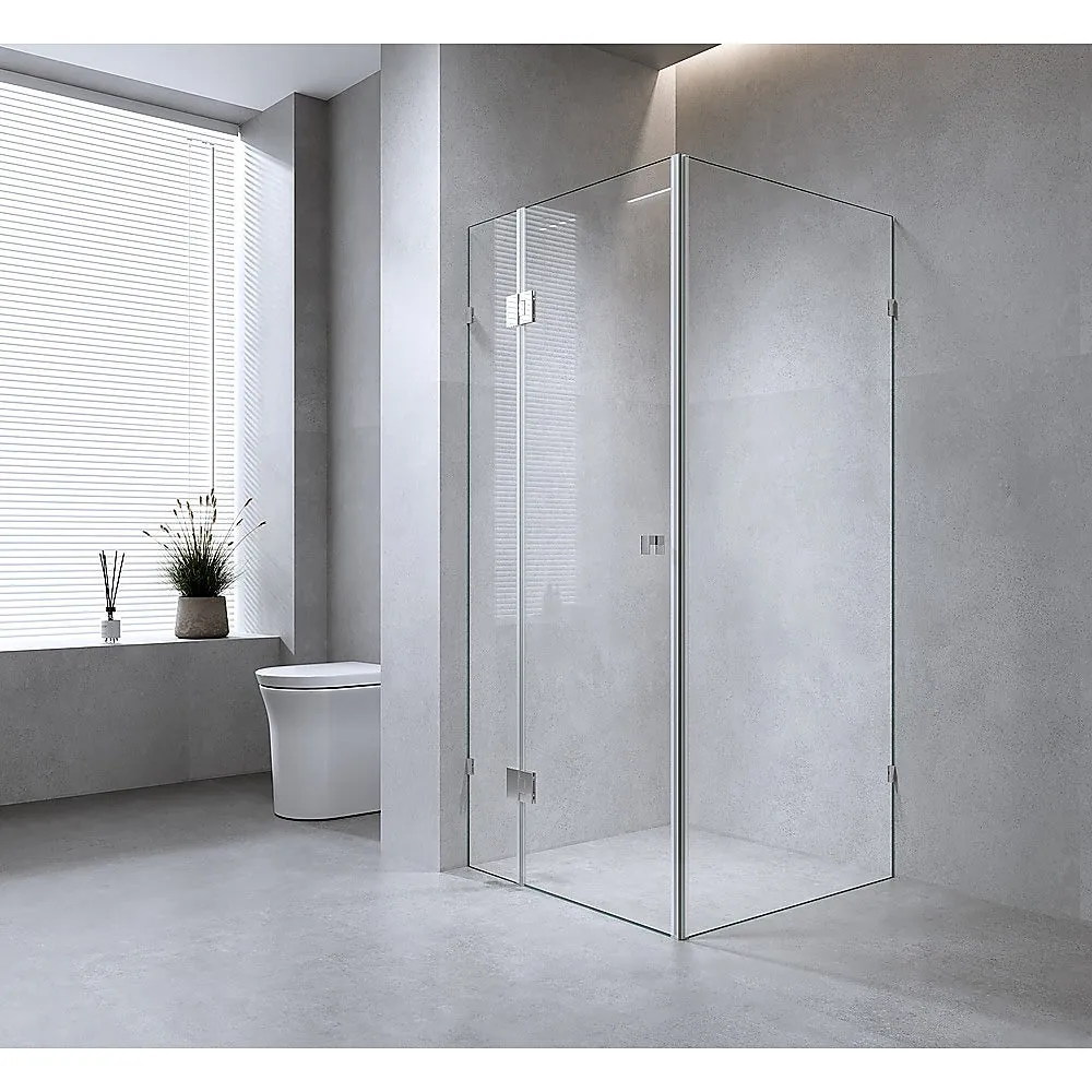 110x70cm Corner Frameless Shower Screen | Black Brackets | Brass Hinges | Square Knob Handle | Contemporary Design