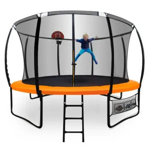 14ft Round Kids Trampoline with Curved Pole Design | Basketball Set and Sprinkler Accessory | Black and Orange
