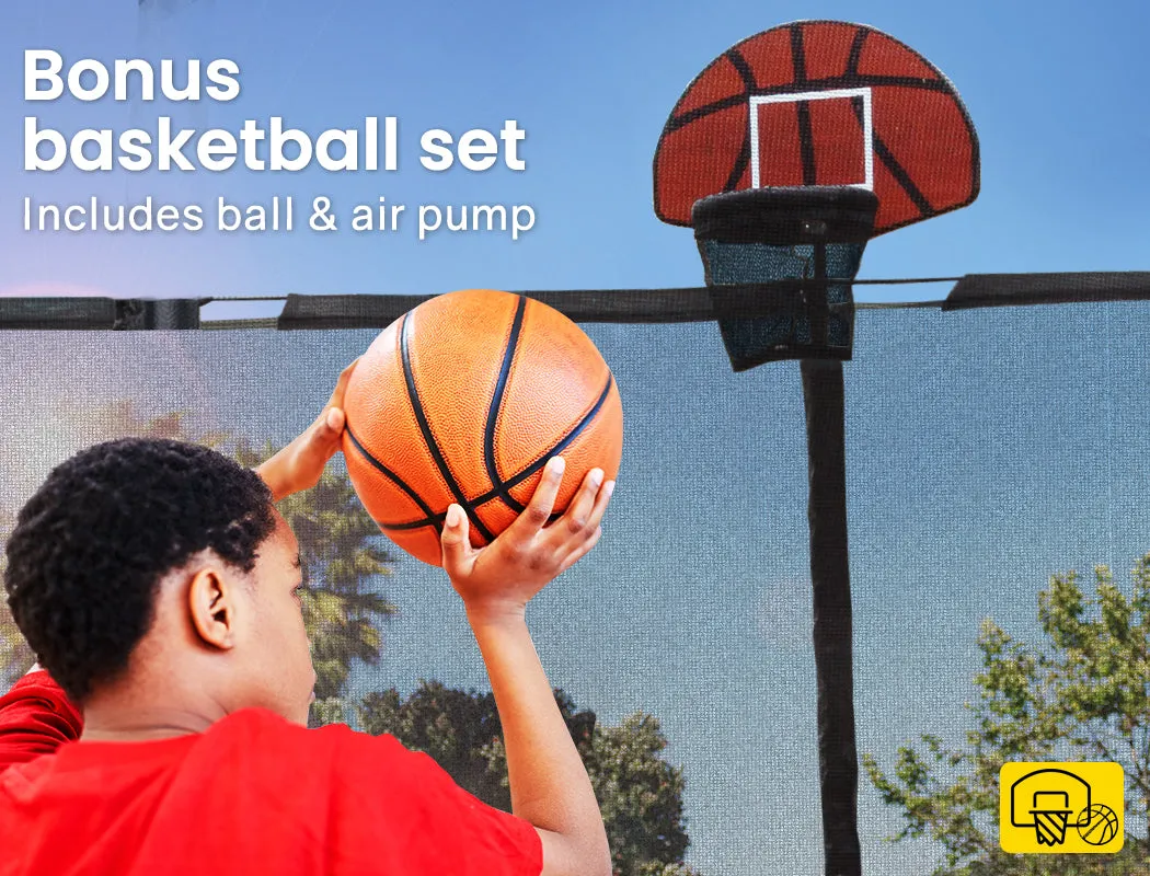 16ft Round Kids Trampoline with Curved Pole Design | Basketball Set and Sprinkler Accessory | Black and Orange