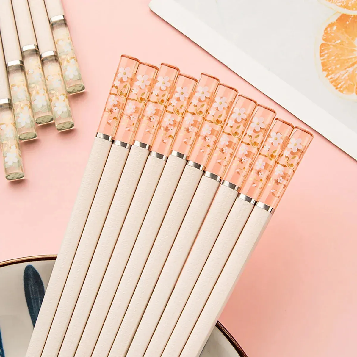 5 Pairs Anti Slip Amber Sakura Chopsticks Antibacterial & Heat Resistant
