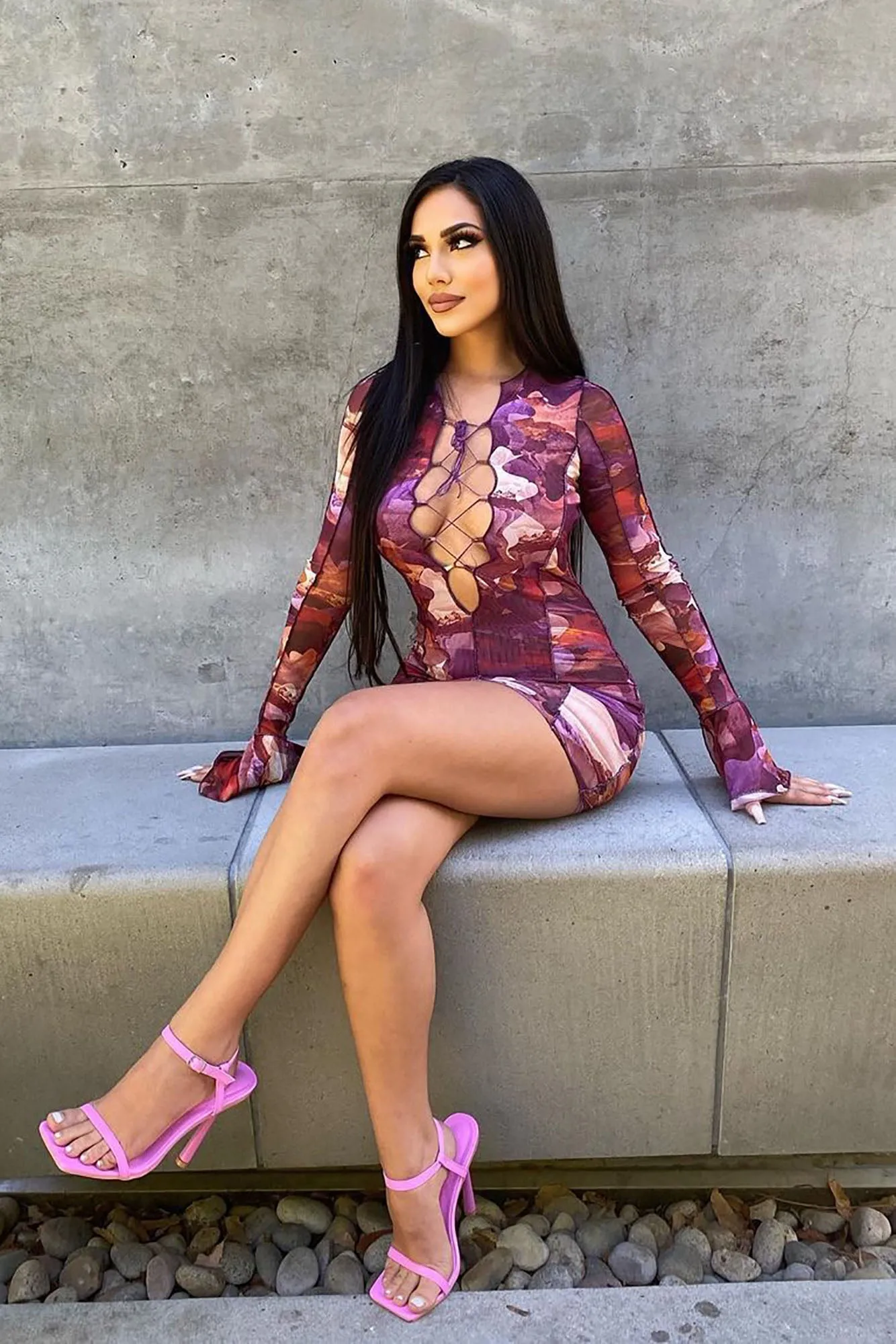 Abbey Mesh Mini Dress - Purple/combo