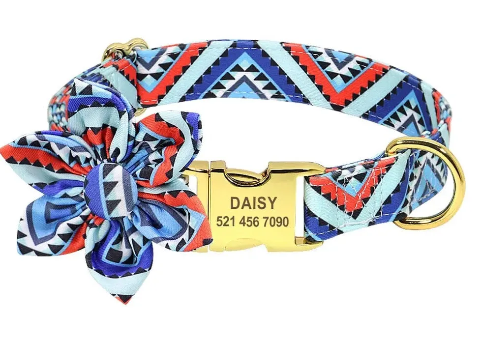 Adorable Multicolored Flower Print Dog Collars – Personalized for Dogs and Cats