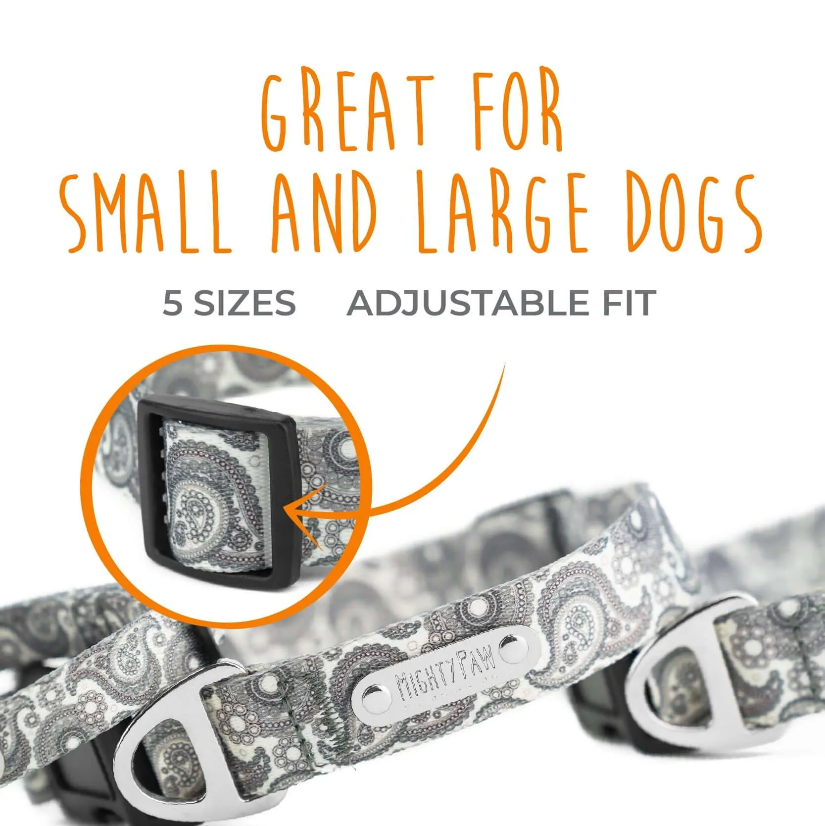 Grey Designer Paisley Dog Collar with Adjustable Tri-Glide Buckle