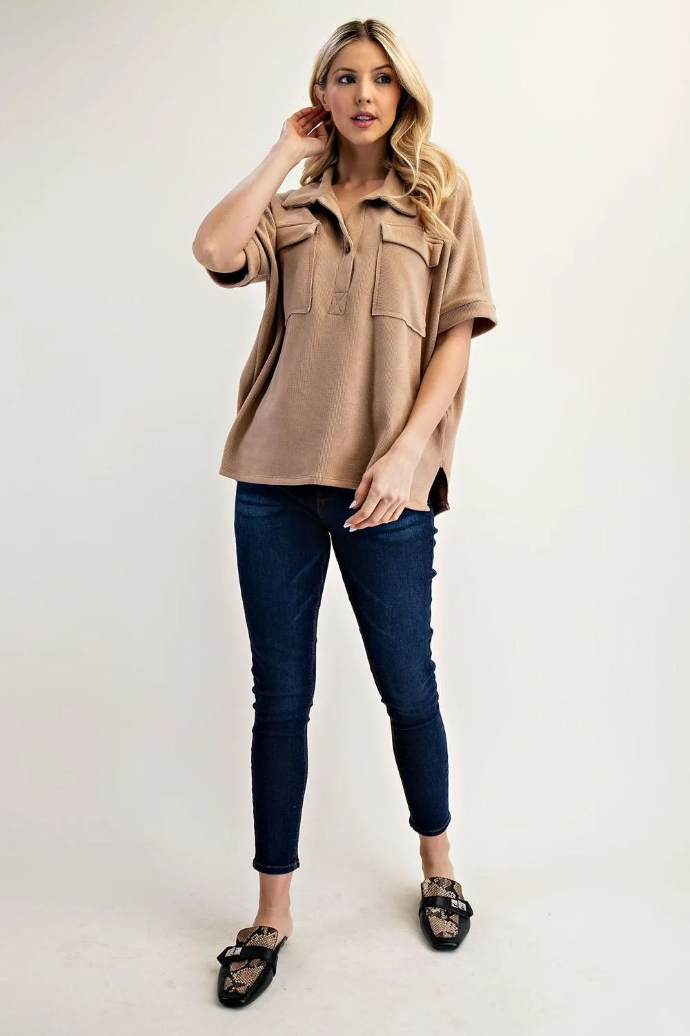 Plus Waffle Solid Color Top with Front Pockets