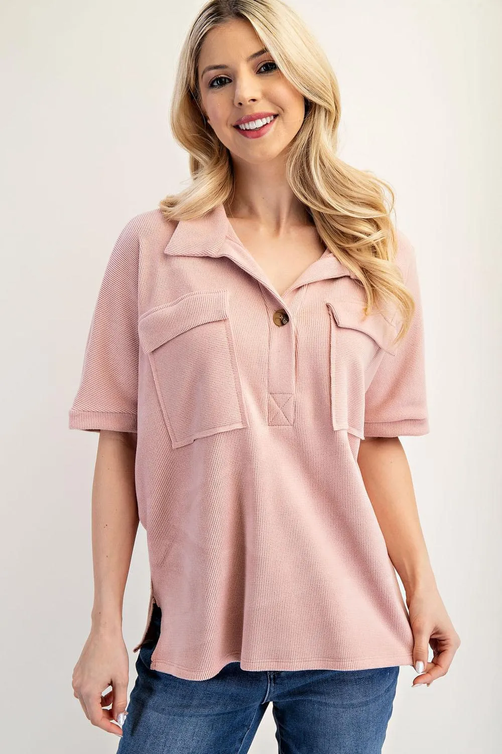 Plus Waffle Solid Color Top with Front Pockets