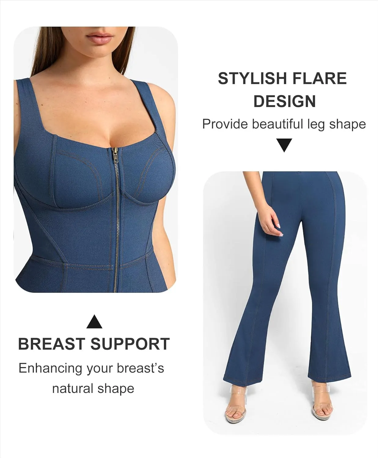 Popilush Shapewear Jumpsuit - Faux Denim Jumpsuit For Women Built In Shapewear Tummy Control Jean Romper Full Bodysuits