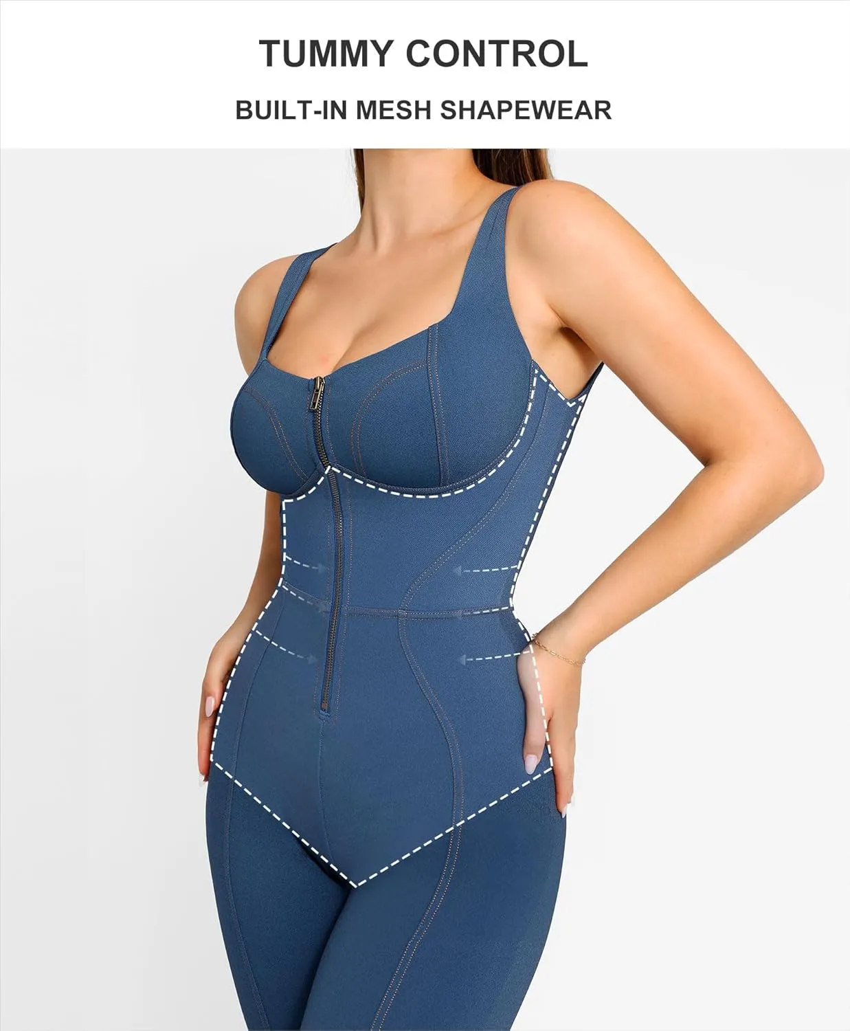 Popilush Shapewear Jumpsuit - Faux Denim Jumpsuit For Women Built In Shapewear Tummy Control Jean Romper Full Bodysuits