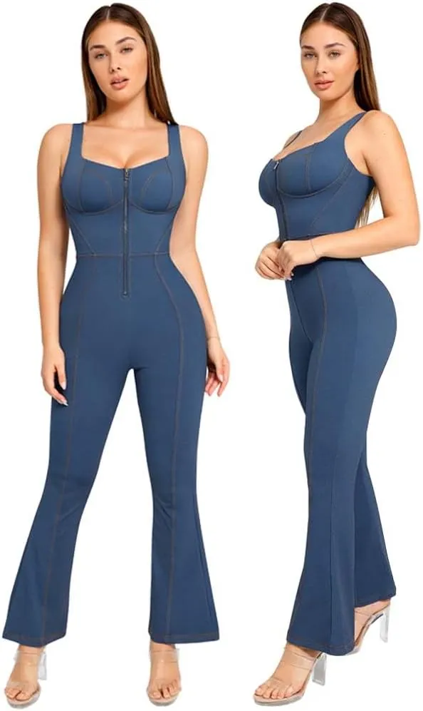 Popilush Shapewear Jumpsuit - Faux Denim Jumpsuit For Women Built In Shapewear Tummy Control Jean Romper Full Bodysuits