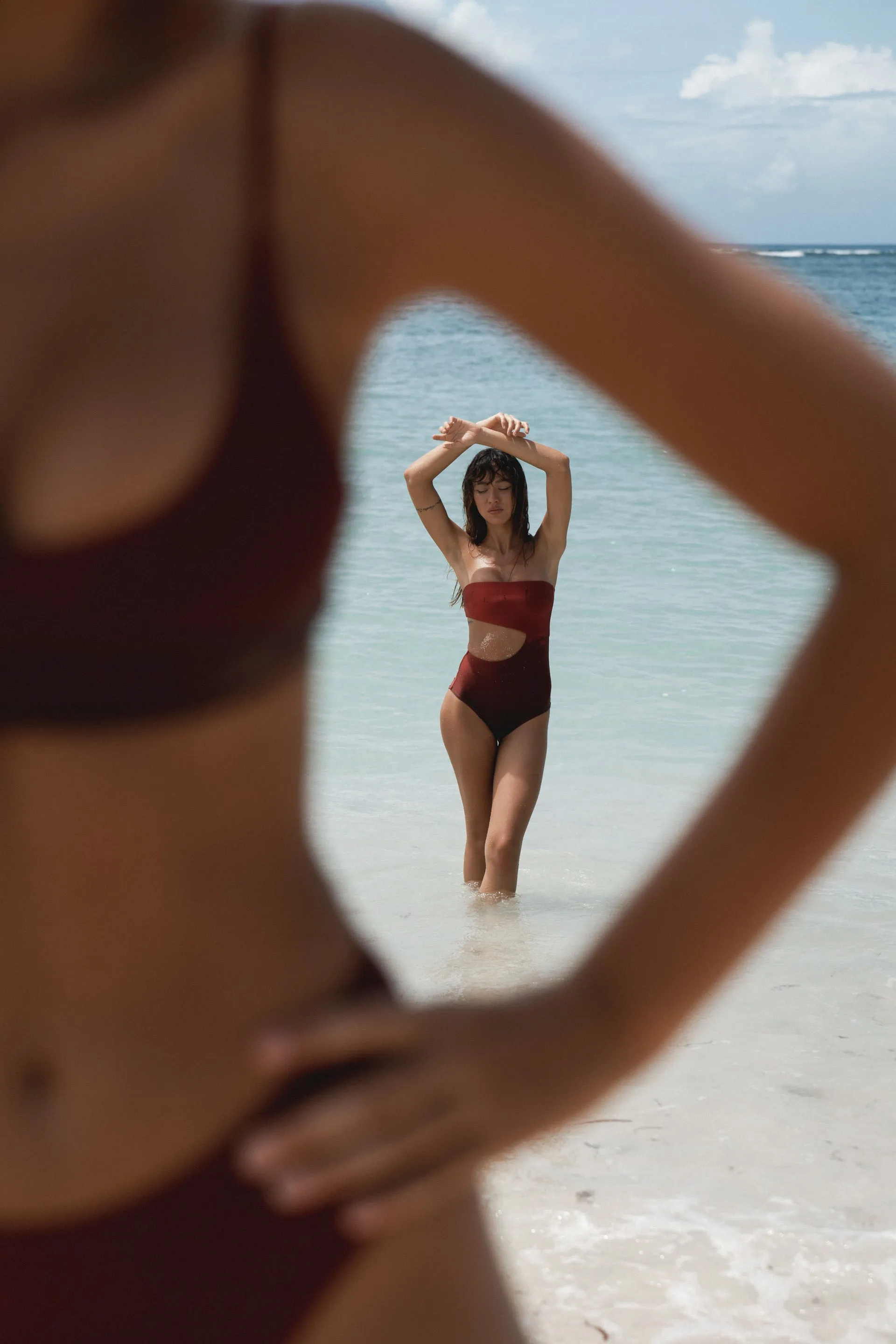 Second Skin | Shimmer ~ Strapless Cut-off One Piece - Garnet Red