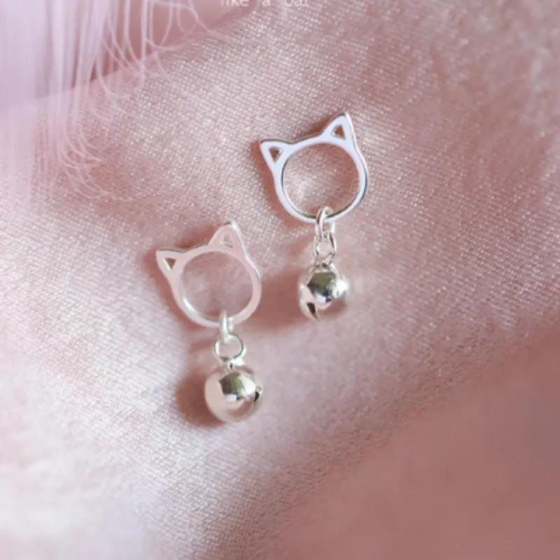 Sterling Silver Cat Ears Stud Earrings With Drop Ball